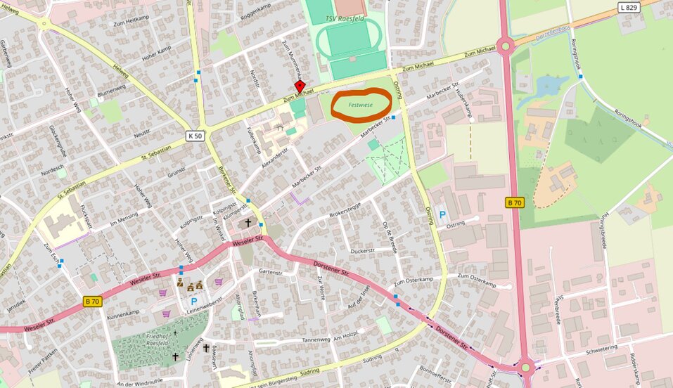 Karte (OSM) Ortskern Raesfeld, Lageplan, markiert ist die Altkleidersammelstelle an der Festwiese zum Michael (gegenüber Sportplatz).